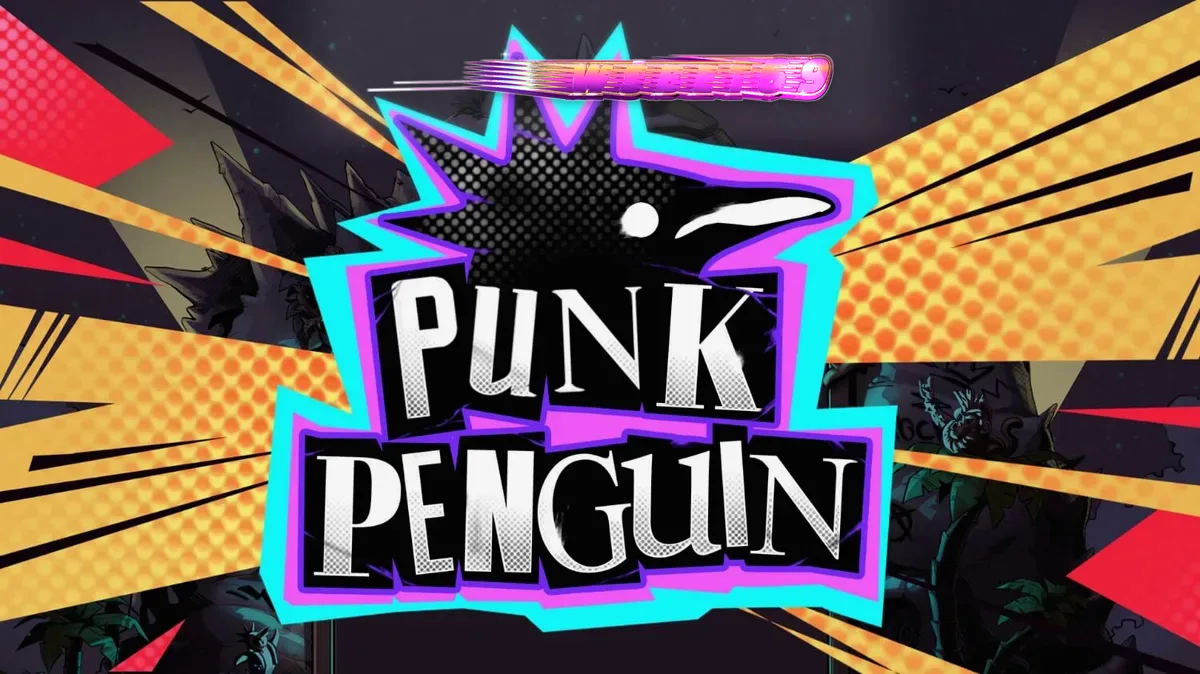 Tampilan visual slot Punk Penguin dengan tema konser musik punk yang penuh grafiti